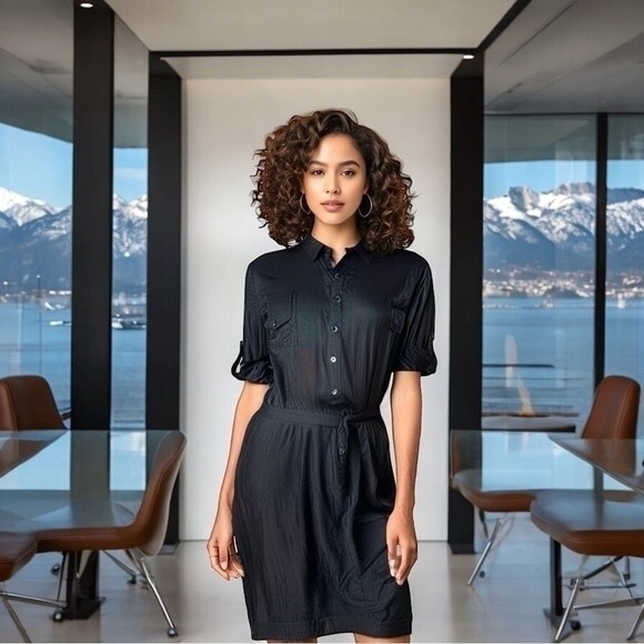 ULMIA Staff Dresses & Skirts - Ulmia Staff Influx Button Front Wrap Dress M Black Satin Short Sleeve 39" VG